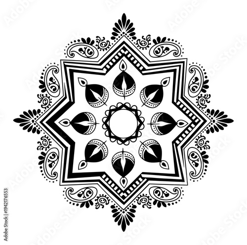 Circular mandala with diya oil lamps and paisley floral patterns in black and white