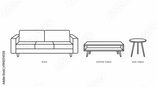 Minimalist Vector Illustrations of Essential Home Furniture Pieces in Clean Outline Style for Interior Design