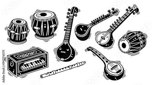 Indian musical instruments collection including sitar tabla harmonium and flute in sketch style