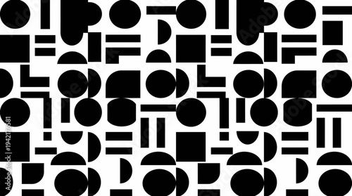Seamless abstract geometric pattern in black and white, featuring circles, squares, and lines for contemporary design backgrounds