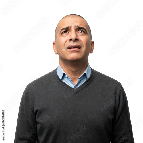Concerned bald man in grey sweater looking up, spiritual crisis and anxiety awareness portrait