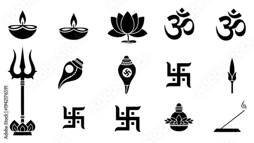 Hindu religious symbols set including om swastika trishula and lotus in black and white icon style