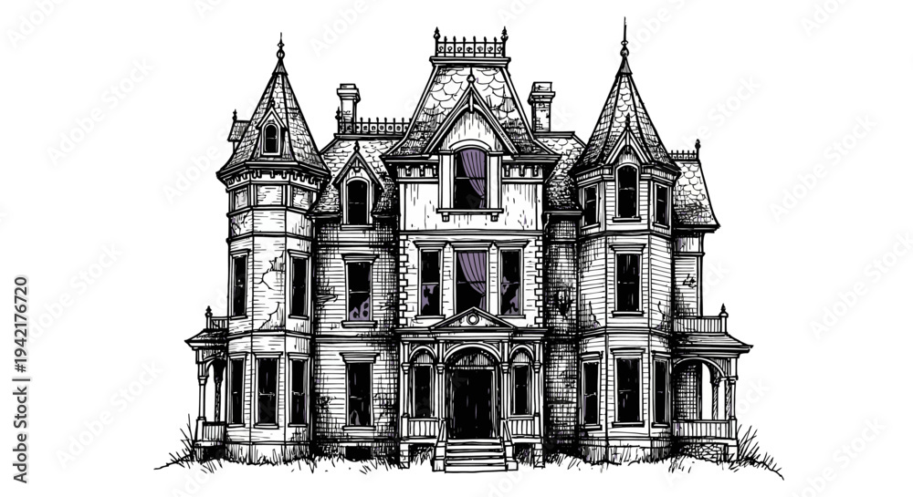 Fototapeta premium Spooky Victorian Mansion Illustration Detailed Hand-Drawn Haunted House Architecture