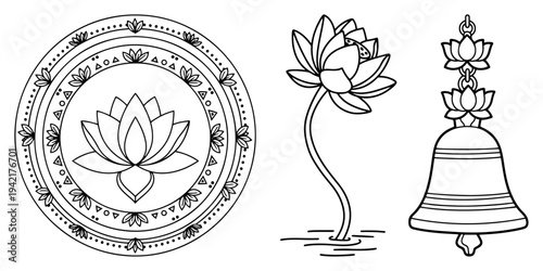 Sacred lotus mandala with temple bell and flower in line art style
