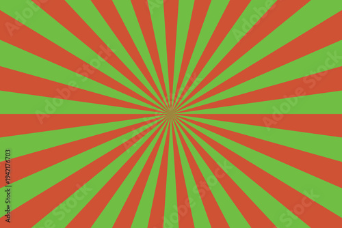 Vibrant red orange and bright green sunburst pattern emanates from the center creating a dynamic visual effect