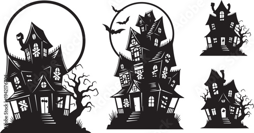 Haunted houses in various spooky silhouettes with trees and moon