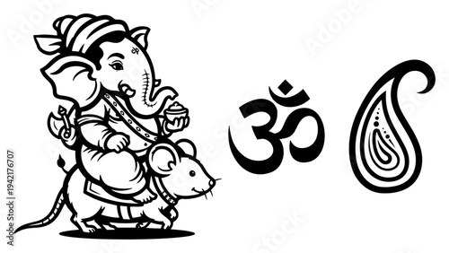Lord Ganesha on mouse with Om symbol and paisley motif in bold graphic style