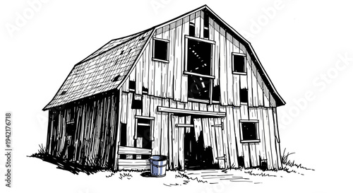 Rustic Hand-Drawn Illustration of an Abandoned Wooden Barn - A Symbol of Rural Heritage and Decay