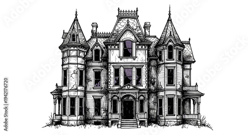Spooky Victorian Mansion Illustration Detailed Hand-Drawn Haunted House Architecture