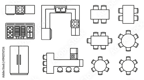 Top-down view of various furniture items and kitchen appliances for interior design