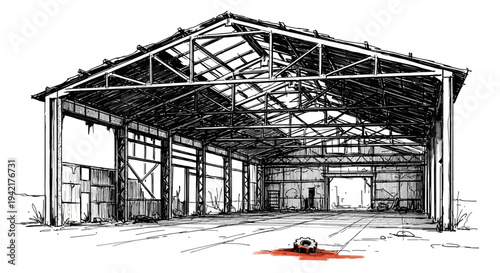 Abandoned industrial warehouse with a single red stain on the floor