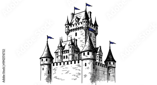 Majestic castle with towers and flags stands tall in a serene landscape view