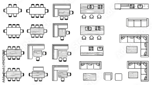 Detailed top-down furniture arrangement illustrations for interior design and architectural planning projects