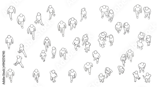 Top-down view of a diverse group of people walking in various directions