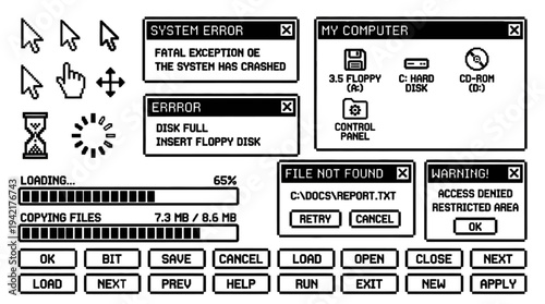 Retro computer interface elements, system errors, loading bars and icons for graphic design