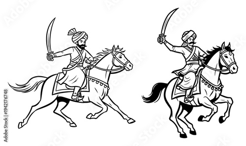 Rajput warriors riding horses with raised swords in traditional indian line art style