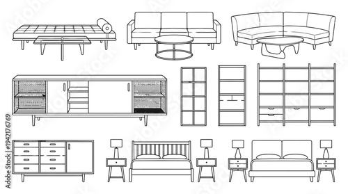 Collection of modern furniture outlines for interior design and home decor