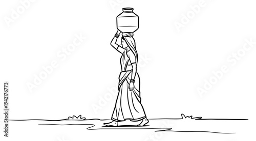 Indian woman carrying water pot on her head in minimalist black line art style