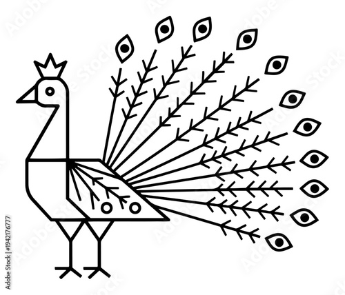 Peacock bird with open tail feathers in modern geometric line art style