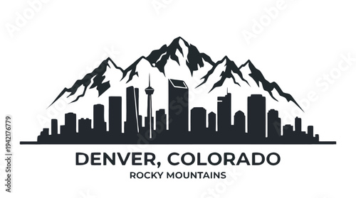 Panoramic urban cityscape silhouette featuring majestic mountain range illustration with minimalist black and white design