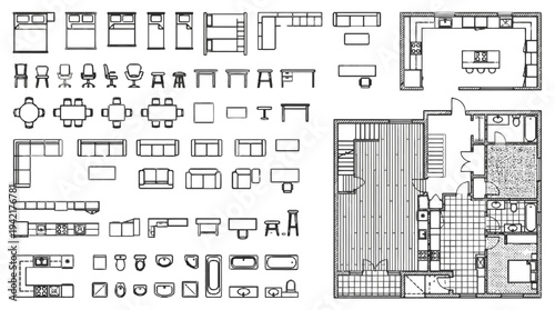 Top-down architectural furniture and layout planning icons for interior design and home renovation