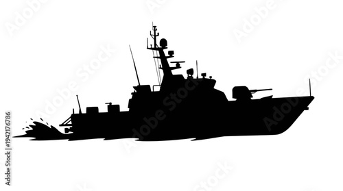 Silhouette of a fast patrol boat with a gun and waves at the stern