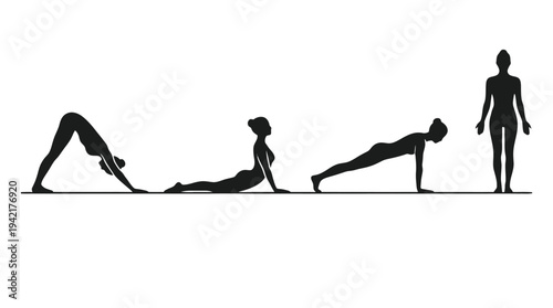 Black and white silhouette of a woman performing a sequence of basic yoga poses for health and wellness and mindful living