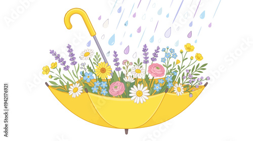 Springtime Umbrella Blooming with Colorful Flowers and Gentle Rain Showers