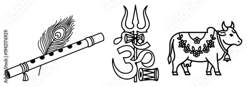 Hindu religious symbols including Krishna flute Shiva trishula and sacred cow in line art style
