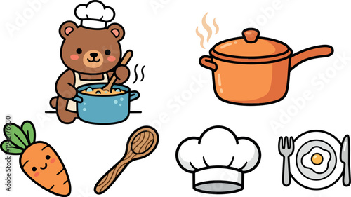Cute bear chef stirring food in blue pot with wooden spoon alongside orange pot carrot chef hat and fried egg plate vector design