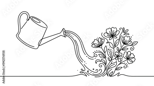 Watering can pouring water creating a blooming flower plant with leaves and petals