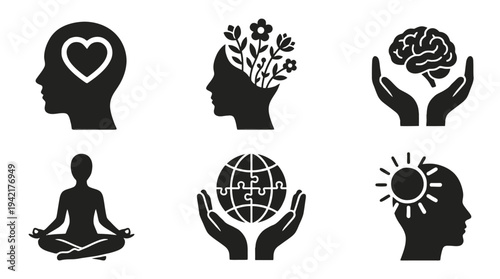 Mindfulness and Well-being Icons Representing Health, Growth, and Care