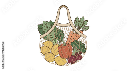 Eco-friendly shopping concept with reusable mesh bag overflowing with fresh organic produce