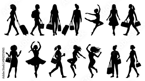Dynamic collection of diverse female silhouettes showcasing women walking, dancing, shopping, and traveling, capturing various everyday activities and poses in a graphic style