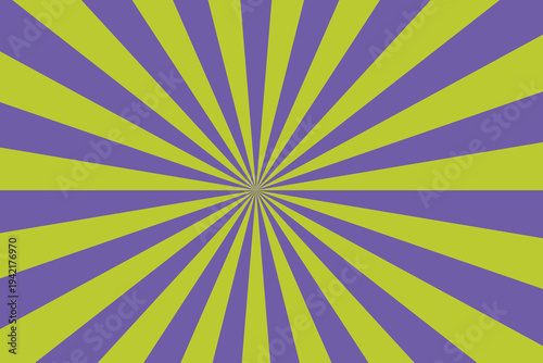 A striking visual displays alternating rays of vivid purple and bright lime green emanating from the center