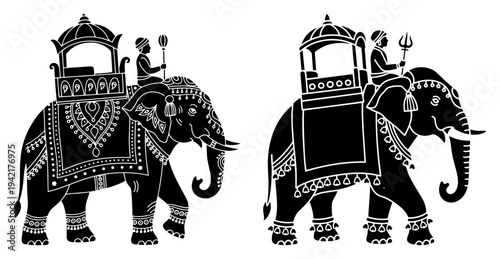 Ornate Indian festival elephants with mahout rider and carriage in silhouette style