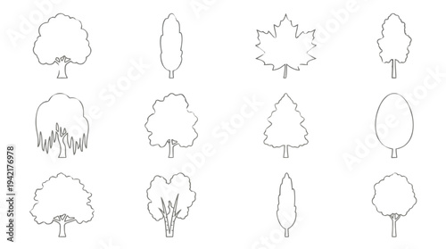 Set of minimalist line art tree outlines for graphic design projects, web elements, and nature-themed illustrations