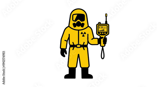 Yellow hazmat suit professional checking for radiation with specialized detection equipment