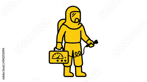 Safety professional in a yellow protective hazmat suit with a measuring device for hazardous material assessment icon