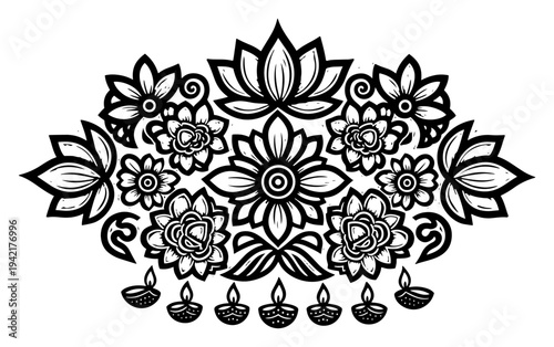 Floral rangoli ornament with traditional lotus flowers and diwali oil lamps in ethnic graphic style