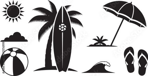 Black and white beach icons and summer vacation symbols