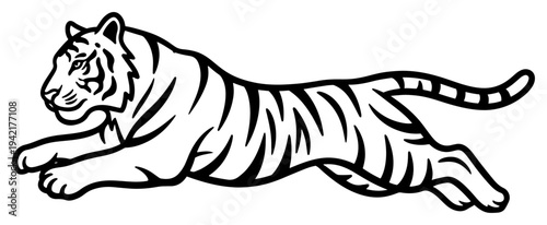 Bengal tiger leaping and running in bold black and white line art style
