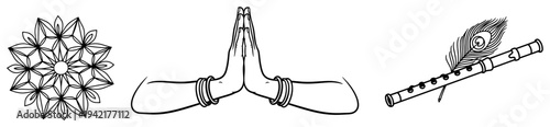 Indian religious elements including namaste hands Krishna flute and mandala in thin line art style
