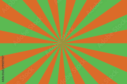 A vibrant pattern features alternating rays of bright green and warm orange radiating from a central point