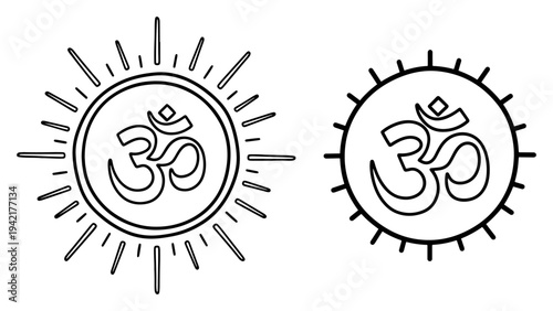 Om spiritual symbols inside sun rays in minimalist line art style