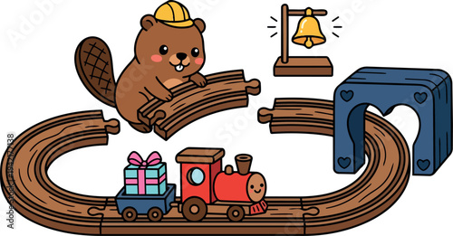 Cute cartoon beaver wearing yellow helmet assembling wooden train track with smiling red train carrying pink gift near ringing golden bell and blue tunnel