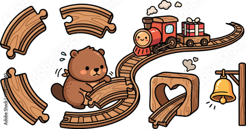 Cute cartoon beaver assembling wooden train track pieces with smiling red locomotive carrying gift present on curved rails near bell in whimsical vector art