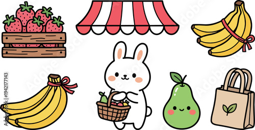 Cute kawaii style white bunny holding basket with fruits standing near red and white striped market stall with fresh bananas strawberries and pear smiling
