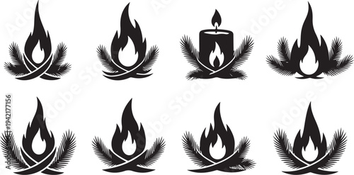 Black flame icons with leaves on white background set