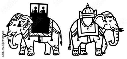 Ceremonial decorated elephants with traditional ornaments in line art style